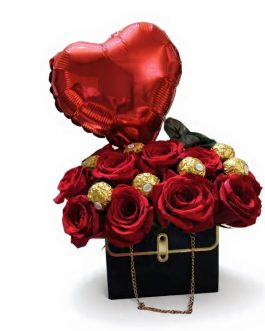 MOD.04 ARREGLO CON 12 ROSAS,CHOCOLATES FERRERO Y GLOGO